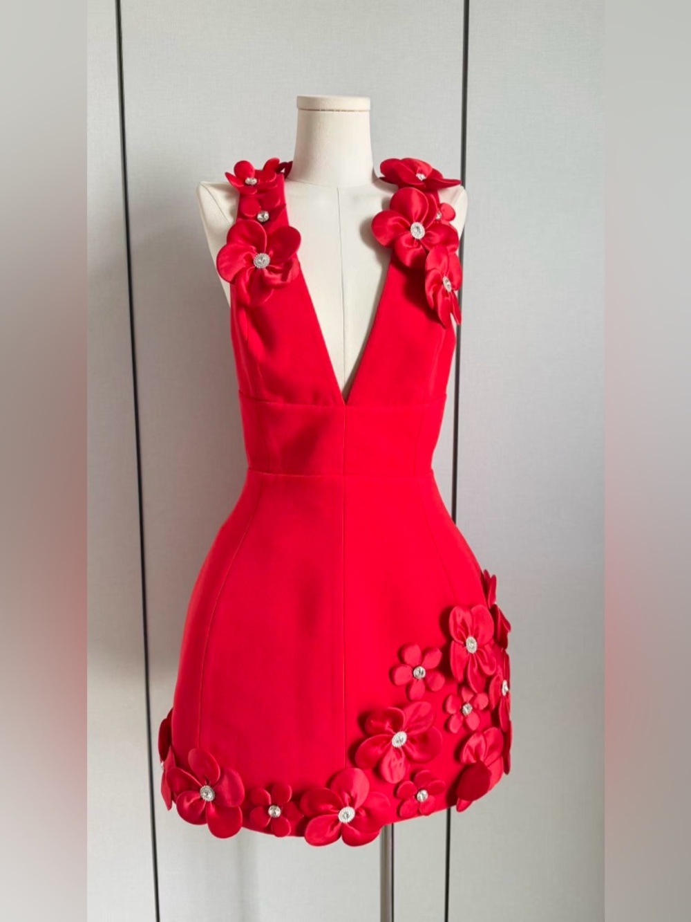 Bronx and Banco Red Floral 3D-Appliqué V-Neck Mini Dress